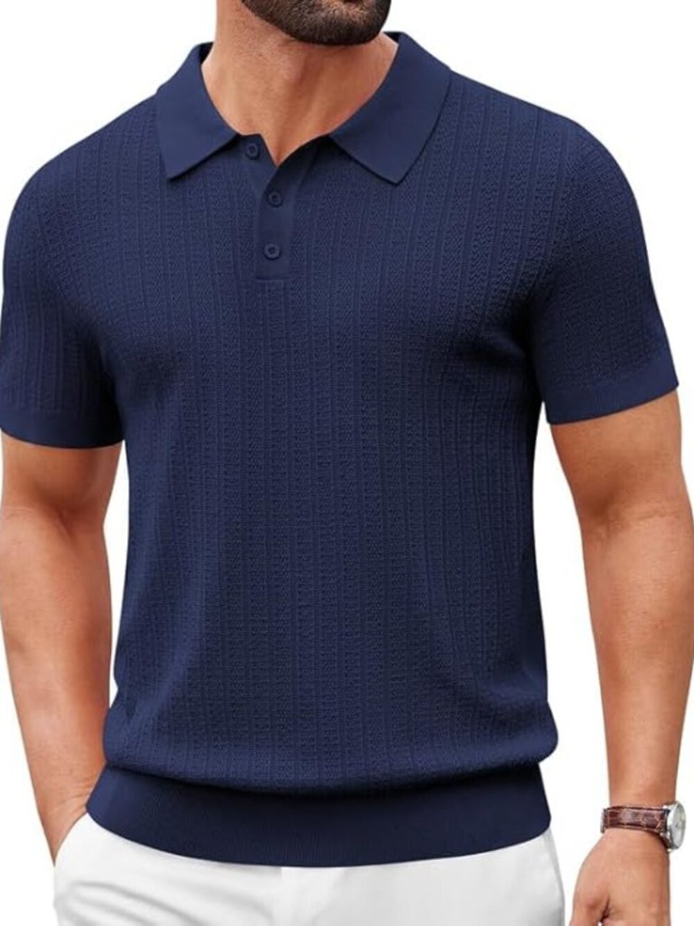 Men's Navy Blue Casual Knit Polo Short Sleeve Slim T-Shirts Fit Textured
